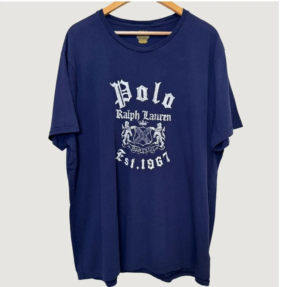 Polo Ralph Lauren Mens T-Shirt XXL Navy Blue Crest Logo Custom Slim Fit Preppy